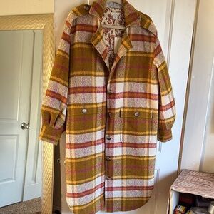 NEW! Sundance Catalog Plaid Long Coat - Mustard, Cream & Pink Accents